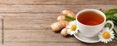 Ginger and chamomile tea in a rustic kitchen, natural wooden table, soft lighting, herbal tea, soothing digestive remedy with space for text