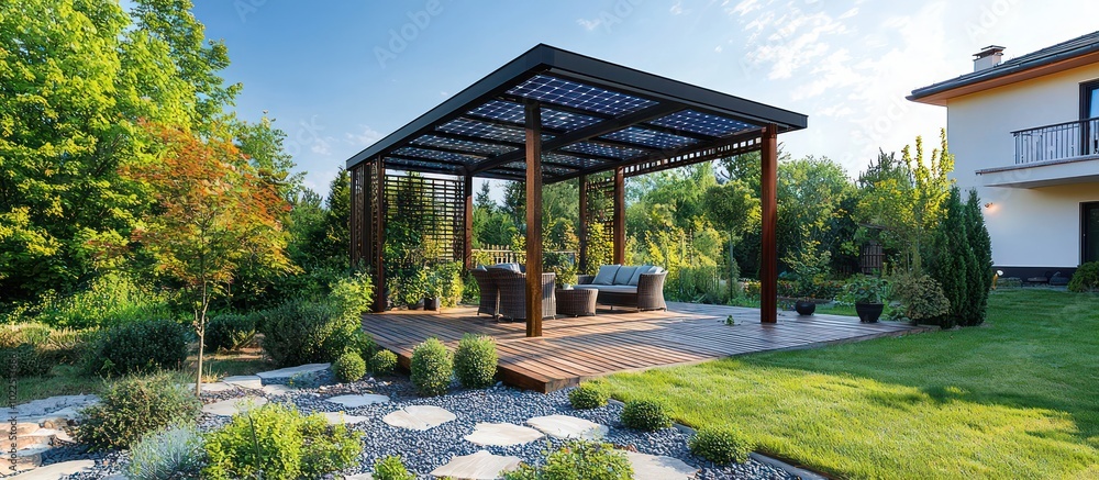 Fototapeta premium Garden pergola with integrated solar panels combines eco-sustainability and stylish design.