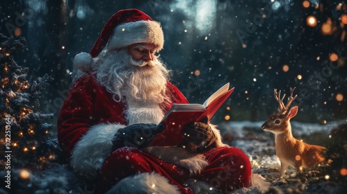 Santa reading a storybook to a curious reindeer in a snowy forest setting during Christmas Eve photo