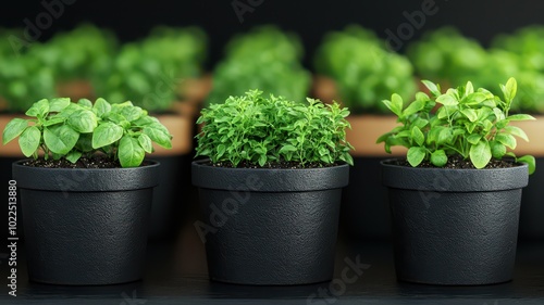 Potted herbs in black containers showcase vibrant green foliage, perfect for kitchens or gardens, enhancing culinary creations and aesthetics.