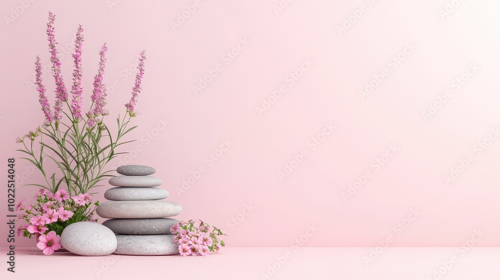 A serene composition featuring stacked stones and delicate pink flowers against a soft pink background, evoking tranquility and natural beauty. A serene composition featuring stacked stones and delicate pink flowers against a soft pink background, evoking tranquility and natural beauty.