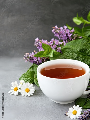 Chamomile and lavender tea in a vintage porcelain teacup, surrounded by fresh flowers, soft cozy atmosphere, herbal tea, calming bedtime tea with space for text