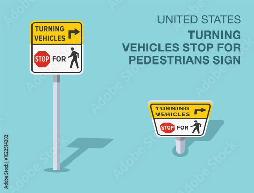 Traffic regulation rules. Isolated United States "turning vehicles stop for pedestrians" road sign. Front and top view. Flat vector illustration template.