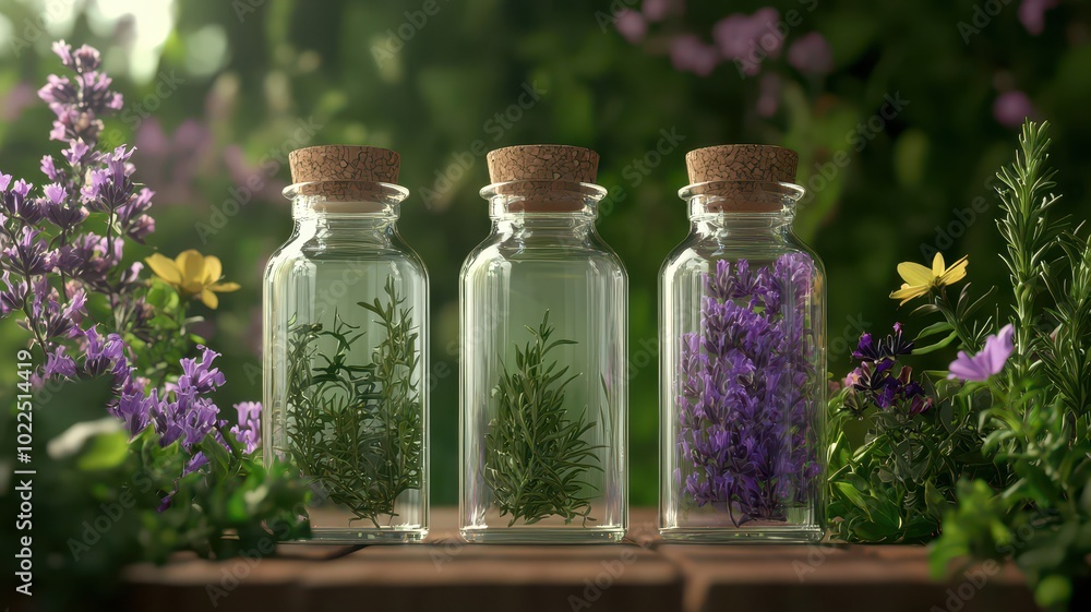 Three glass jars filled with aromatic herbs, surrounded by colorful flowers, evoking a serene and natural garden atmosphere. Three glass jars filled with aromatic herbs, surrounded by colorful flowers, evoking a serene and natural garden atmosphere.