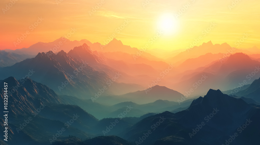 Obraz premium Sunrise in the Mountains: A serene view of the sunrise over majestic mountain peaks, with the early light casting a golden glow over the landscape.