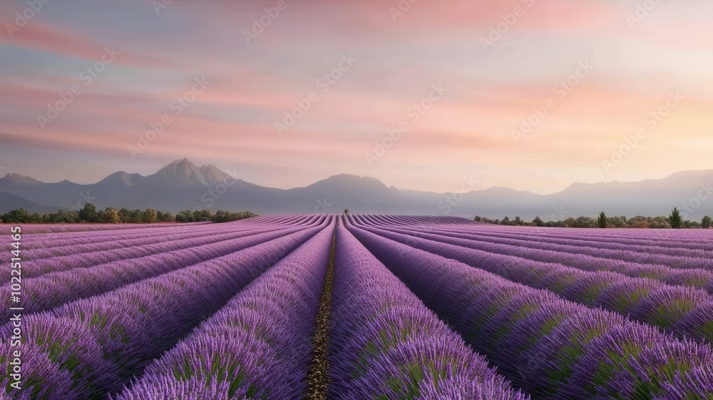 A vibrant lavender field stretches across the landscape, framed by mountains under a soft sunset sky, creating a tranquil and picturesque scene. A vibrant lavender field stretches across the landscape, framed by mountains under a soft sunset sky, creating a tranquil and picturesque scene.