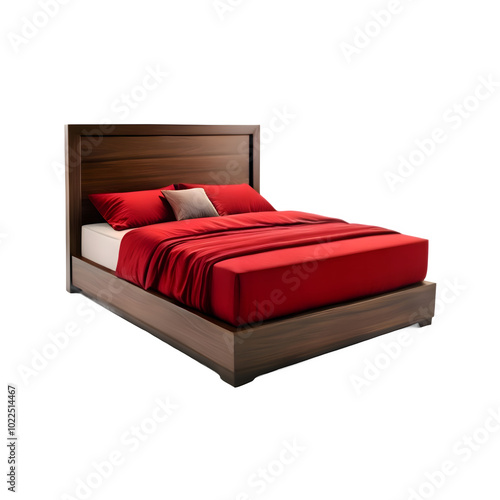 Isolated Queen-size Storage Bed in Dark Walnut With Red Linens on Transparent Background, 3d Bed Png, Space-efficient Bed, Space-saving Furniture photo