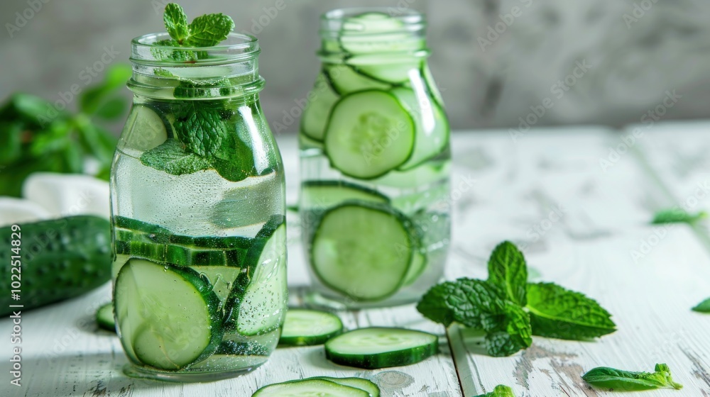 Refreshing Cucumber and Mint Infused Water in Glass Jars Refreshing Cucumber and Mint Infused Water in Glass Jars