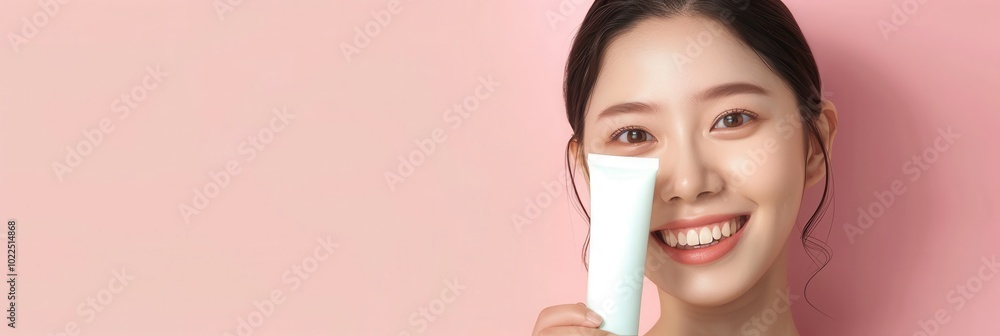 Smiling Woman Holding a White Tube of Skin Care Product Smiling Woman Holding a White Tube of Skin Care Product