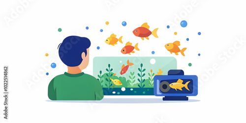 Tranquil Bokeh Effect Photo of Person Watching Fish in Aquarium - Softly Blurred Image Evoking Calm and Therapeutic Moments with Pets