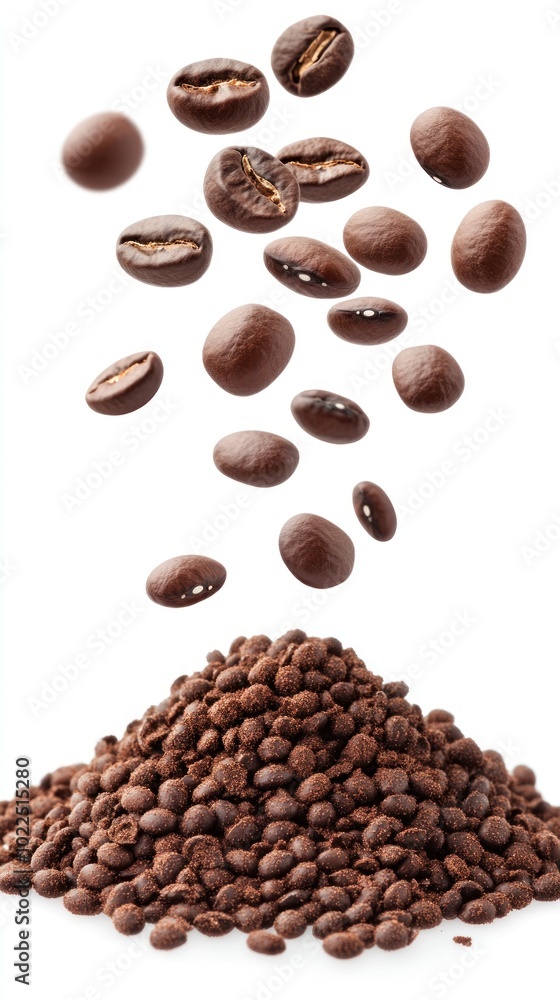 Naklejka premium A pile of coffee beans with floating beans above, showcasing a rich coffee theme.