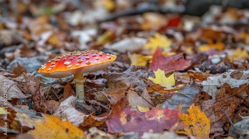 A wild mushroom emerging from a bed of fallen leaves, adding a pop of color to the forest floor. A wild mushroom emerging from a bed of fallen leaves, adding a pop of color to the forest floor.