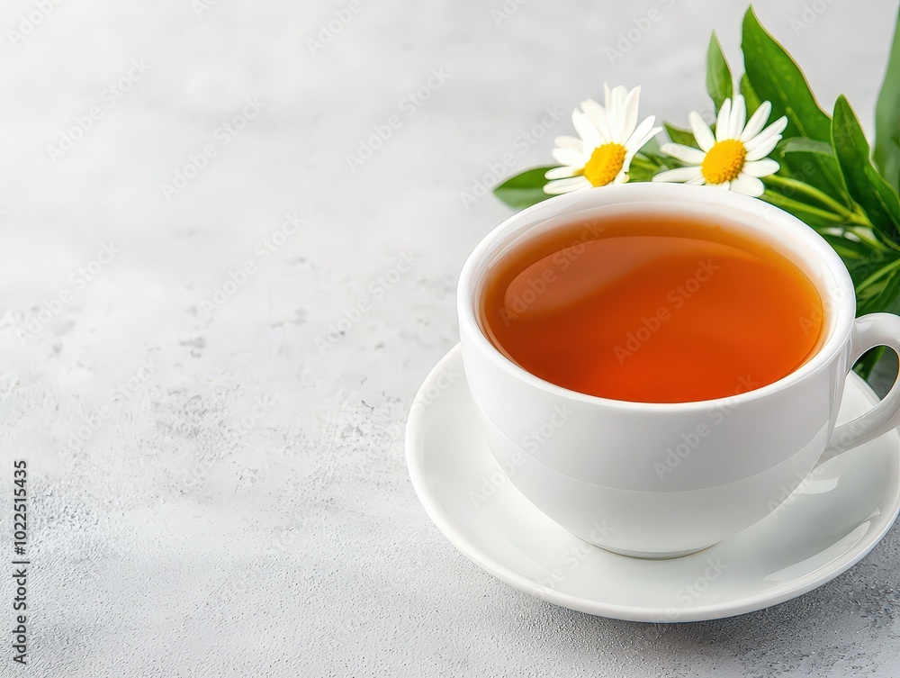 Chamomile and elderflower tea in a delicate porcelain cup, soft floral background, herbal tea, calming immune support with space for text Chamomile and elderflower tea in a delicate porcelain cup, soft floral background, herbal tea, calming immune support with space for text