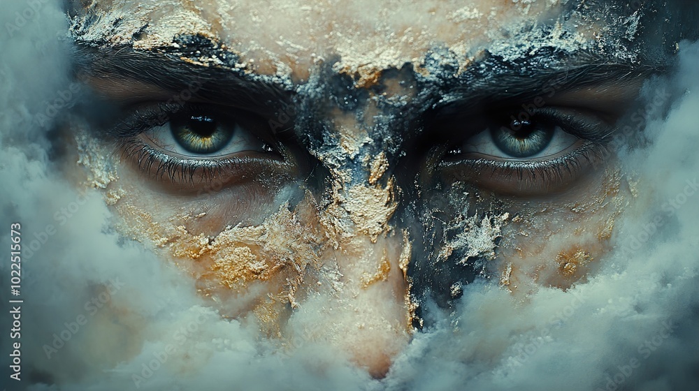 Intense Gaze: A Surreal Portrait with Gold and Silver Makeup Intense Gaze: A Surreal Portrait with Gold and Silver Makeup