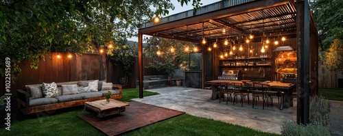 Vintage industrial backyard setup featuring a metal pergola and Edison bulb lighting.