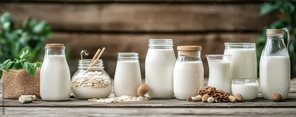 Collection of various milk jars and containers arranged on a wooden table, showcasing the freshness and diversity of dairy products, perfect for healthy lifestyle themes. Collection of various milk jars and containers arranged on a wooden table, showcasing the freshness and diversity of dairy products, perfect for healthy lifestyle themes.