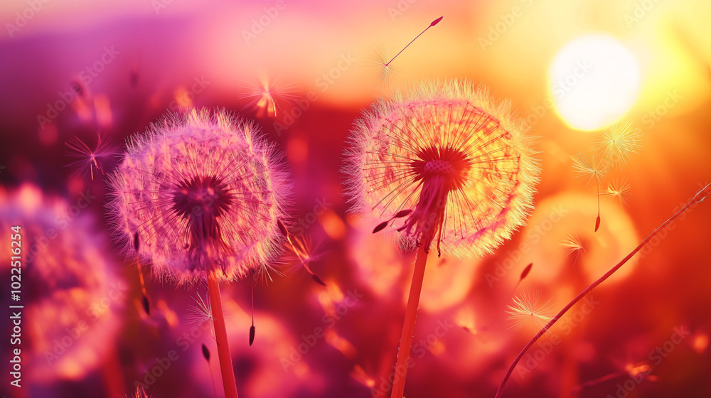 Golden Hour Dandelions Gently Swaying in the Forest Breeze, Dispersing Seeds as Warm Sunset Light Creates a Mystical Glow Golden Hour Dandelions Gently Swaying in the Forest Breeze, Dispersing Seeds as Warm Sunset Light Creates a Mystical Glow