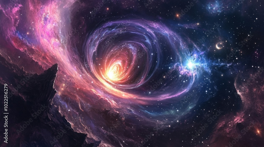 Obraz premium A vibrant abstract space scene with swirling nebulae in shades of purple, blue, and pink, scattered with bright stars and distant galaxies, creating a sense of cosmic wonder. 