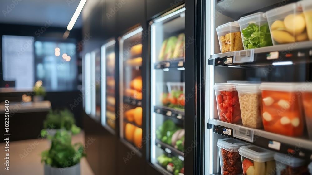 Fototapeta premium Modern convenience store display filled with organized jars of fresh vegetables and fruits. Bright, inviting ambiance highlighting health-conscious choices.