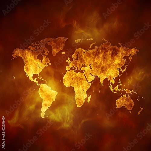 World Map Engulfed in Flames - Dramatic Imagery