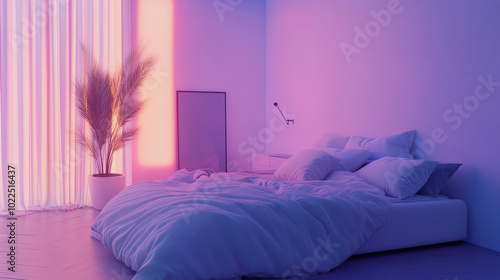 A modern bedroom featuring soft bedding, ambient lighting, and a potted plant, creating a serene and inviting atmosphere, ideal for relaxation and rest. photo