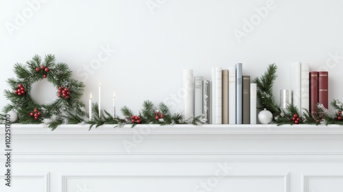 2408_079.Cozy Christmas mantel decorated with antique books, silver tinsel, berry wreaths, white background, 3D Rendering, isometric