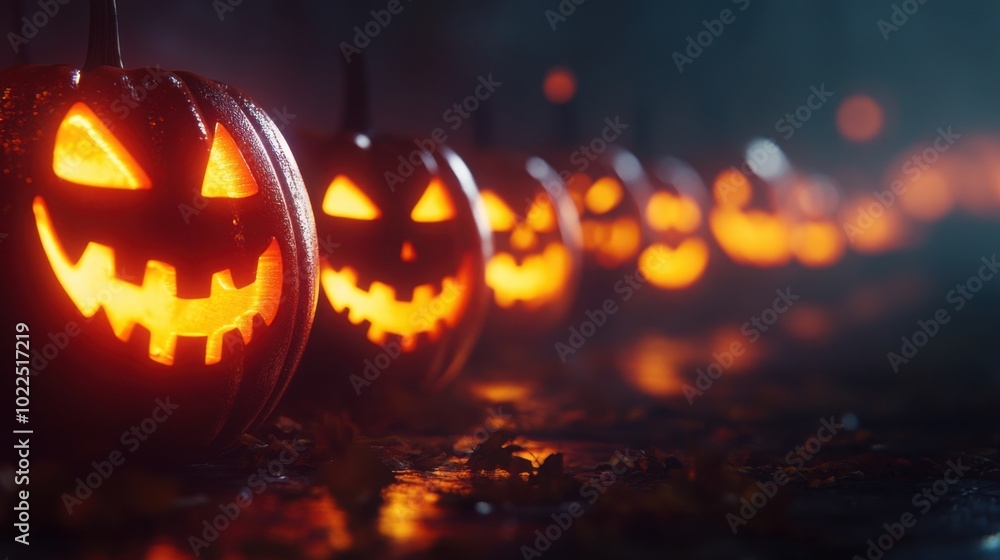 A lineup of glowing jack-oa??-lanterns in a mockup scene, viewed head-on. A lineup of glowing jack-oa??-lanterns in a mockup scene, viewed head-on.