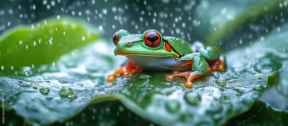 A green tree frog with red eyes sits on a green leaf in the rain.