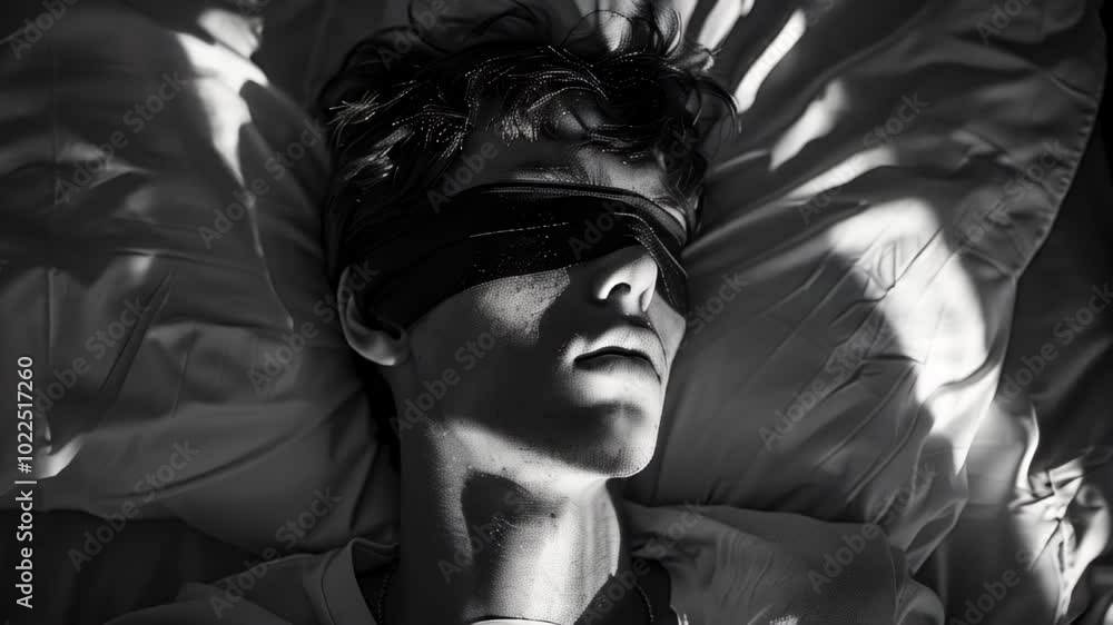 A young person lies on a bed with a blindfold during a dramatic black and white moment in a dimly lit room A young person lies on a bed with a blindfold during a dramatic black and white moment in a dimly lit room