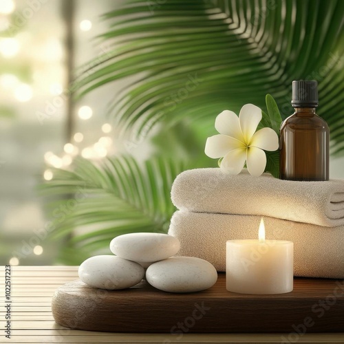 Tranquil spa scene featuring candles, towels, and stones, surrounded by lush greenery for a serene relaxation experience.