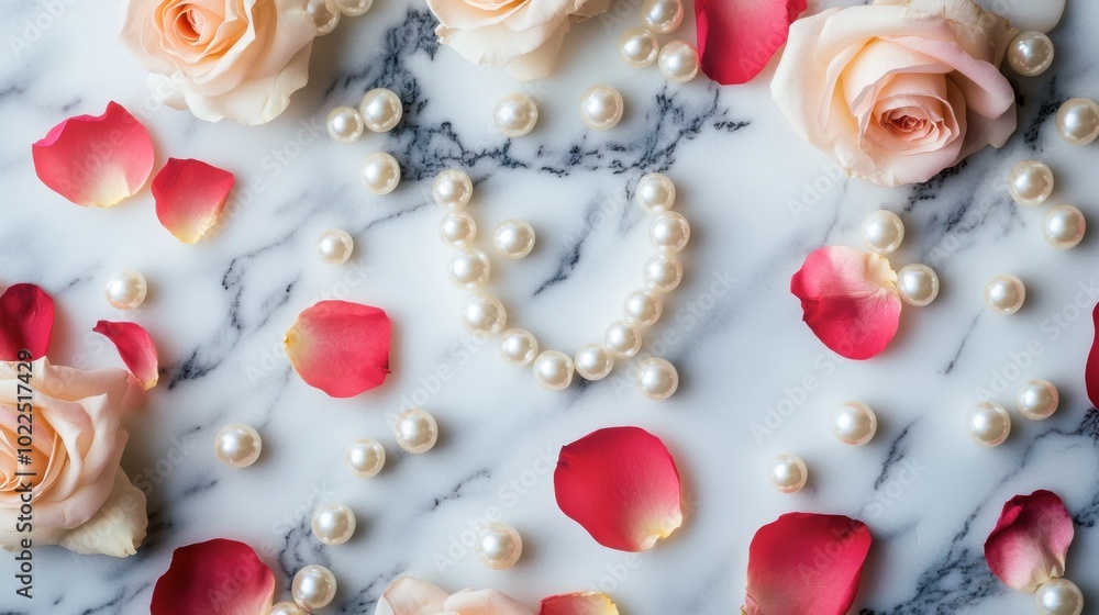 Pearls scattered among rose petals on a marble table, creating a romantic flat-lay scene. Pearls scattered among rose petals on a marble table, creating a romantic flat-lay scene.