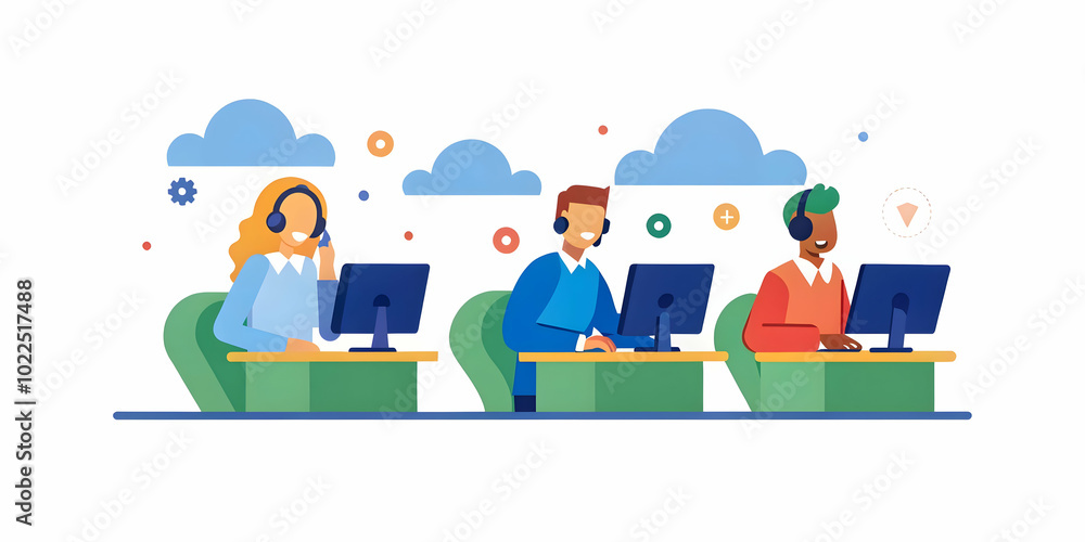 Candid Photograph of Cloud Service Support Team Assisting Customers via Phone and Chat in Open Office Environment with Headsets and Monitors, Showcasing Professional Competence and Customer Service in Candid Photograph of Cloud Service Support Team Assisting Customers via Phone and Chat in Open Office Environment with Headsets and Monitors, Showcasing Professional Competence and Customer Service in