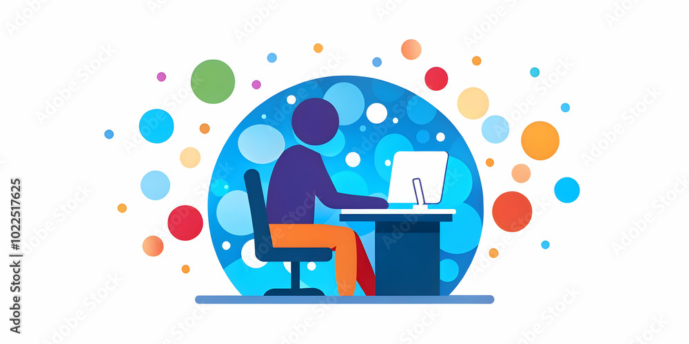 Abstract Silhouette of a Person Working on a Computer with Colorful Bokeh Circles in a Digital Art Piece Representing Joy and Creativity of Remote Work Abstract Silhouette of a Person Working on a Computer with Colorful Bokeh Circles in a Digital Art Piece Representing Joy and Creativity of Remote Work