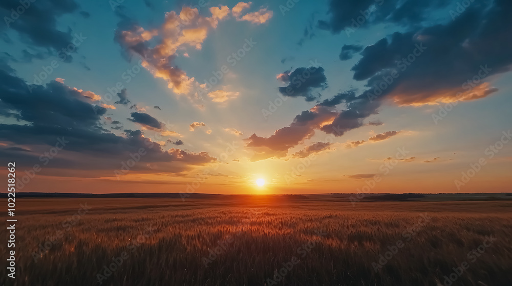 Sunset over the field - captivating 4K time-lapse: majestic sunrise/sunset landscape with stunning natural light and rolling colorful clouds, Sunset over the field - captivating 4K time-lapse: majestic sunrise/sunset landscape with stunning natural light and rolling colorful clouds,