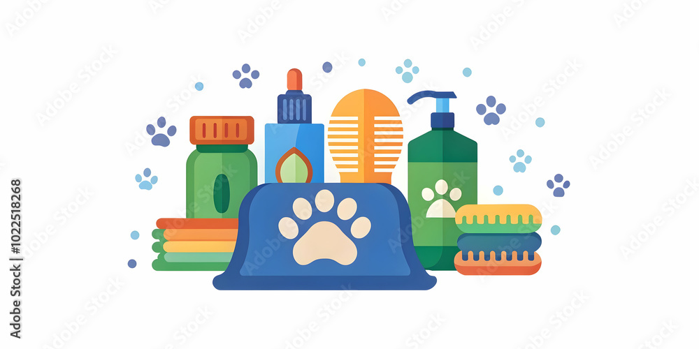 Glossy Background of Pet Bathing Essentials with Shampoo, Towels, and Brushes - Perfect for Grooming Product Promotion and Cleanliness Concept Glossy Background of Pet Bathing Essentials with Shampoo, Towels, and Brushes - Perfect for Grooming Product Promotion and Cleanliness Concept