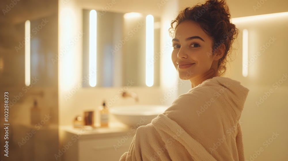 A woman standing in a bathroom, wrapped in a soft towel, smiling gently at the camera. The bathroom is bright and stylish, with a large mirror in the background and soft lighting, relaxed mood. A woman standing in a bathroom, wrapped in a soft towel, smiling gently at the camera. The bathroom is bright and stylish, with a large mirror in the background and soft lighting, relaxed mood.