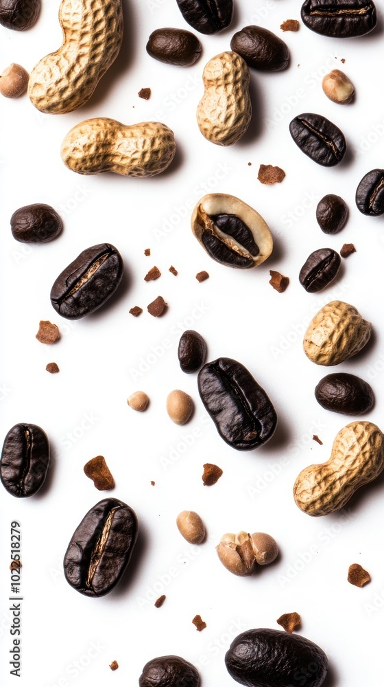 A composition of various coffee beans and peanuts scattered on a white surface. A composition of various coffee beans and peanuts scattered on a white surface.