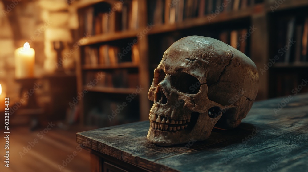 A mockup scene featuring a skull on a dusty bookshelf, viewed from the side. A mockup scene featuring a skull on a dusty bookshelf, viewed from the side.