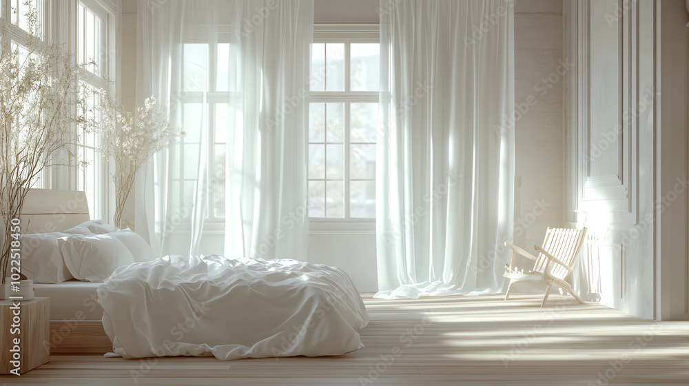 A serene, sunlit bedroom featuring soft curtains, a neatly made bed, and a cozy armchair, creating a tranquil atmosphere perfect for relaxation and rejuvenation. A serene, sunlit bedroom featuring soft curtains, a neatly made bed, and a cozy armchair, creating a tranquil atmosphere perfect for relaxation and rejuvenation.