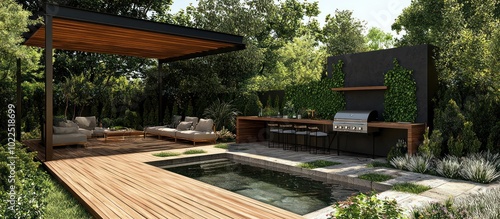 Outdoor luxury concept in a garden with teak deck, BBQ, and pergola.