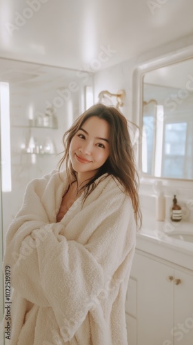 A woman standing in a bathroom, wrapped in a soft towel, smiling gently at the camera. The bathroom is bright and stylish, with a large mirror in the background and soft lighting, relaxed mood. Free Download A woman standing in a bathroom, wrapped in a soft towel, smiling gently at the camera. The bathroom is bright and stylish, with a large mirror in the background and soft lighting, relaxed mood. - GFXLoad