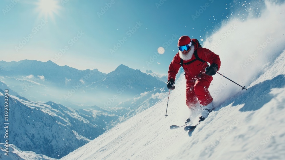 A skier in a red suit descends a snowy mountain slope under a bright blue sky on a sunny winter day. With copy space for text. A skier in a red suit descends a snowy mountain slope under a bright blue sky on a sunny winter day. With copy space for text.