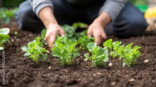 A gardener tending to fresh green plants in rich soil, showcasing hand cultivation and organic gardening practices