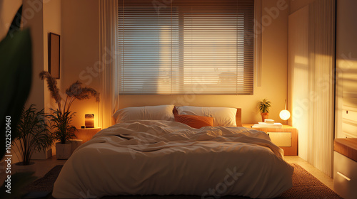 Cozy bedroom with a warm ambiance, featuring a neatly made bed, soft lighting, and decorative plants, perfect for relaxation and comfort.