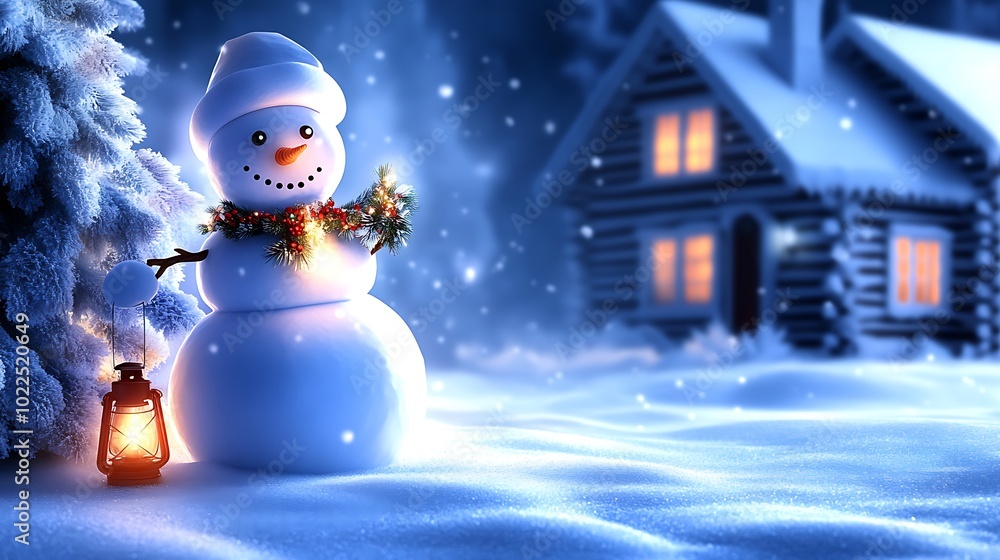 Obraz premium A snowman by the entrance of a snow-covered log cabin, holding a lantern that casts a warm, inviting light on the surrounding snow. The cottage is adorned with holly garlands and a snowy wreath,