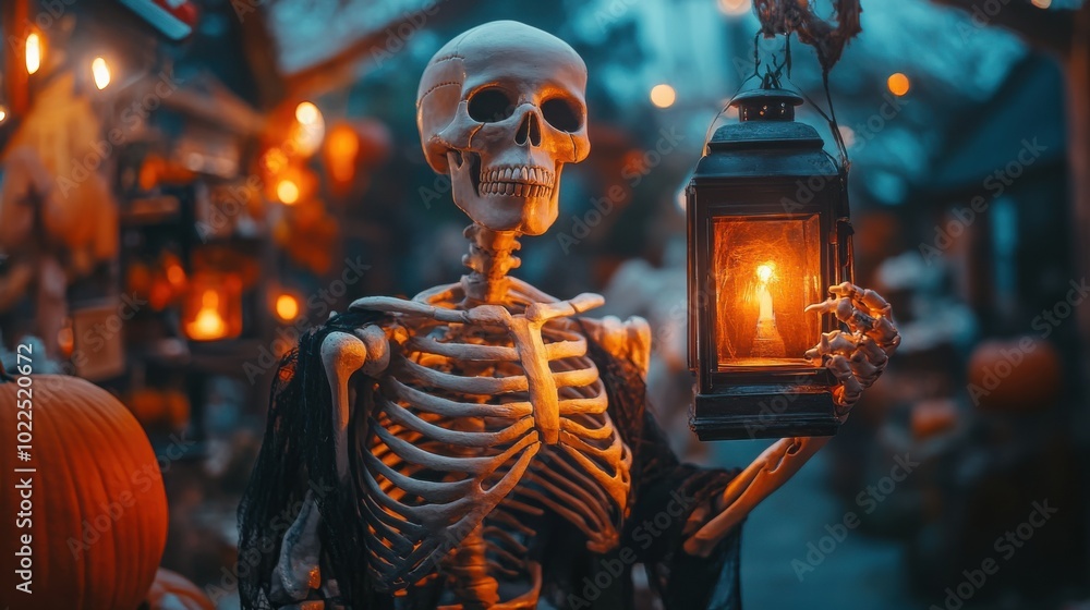 A skeleton holding a lantern in a Halloween mockup, viewed head-on. A skeleton holding a lantern in a Halloween mockup, viewed head-on.