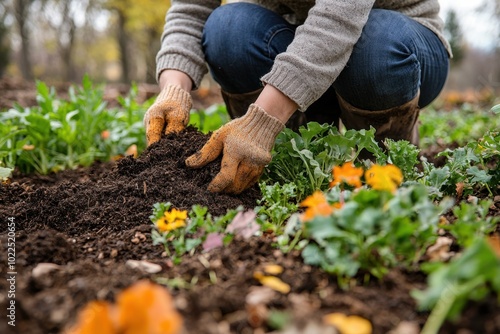 Gardener planting flowers in rich soil, showcasing the beauty of nature and the joys of nurturing life outdoors