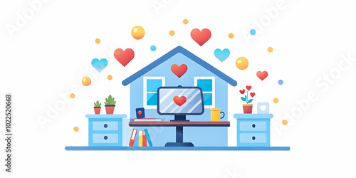 Abstract Digital Art of Cozy Home Office with Bokeh Hearts - Creative Remote Work Setting Illustrating Love and Happiness | Photo Stock Concept