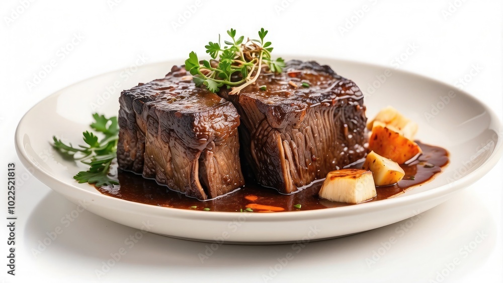 A serving of braised short ribs with a rich glaze, tender and succulent, isolated on white background. A serving of braised short ribs with a rich glaze, tender and succulent, isolated on white background.