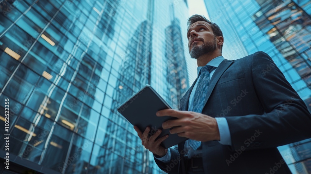 Businessman using a tablet while standing in front of a skyscraper Businessman using a tablet while standing in front of a skyscraper